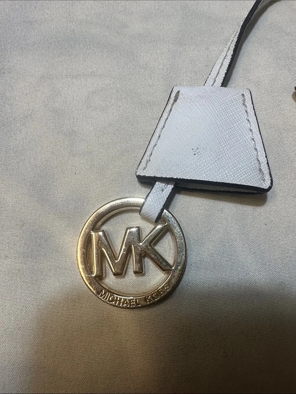 Michael Kors White Leather MK Gold-Tone Keyring Charm